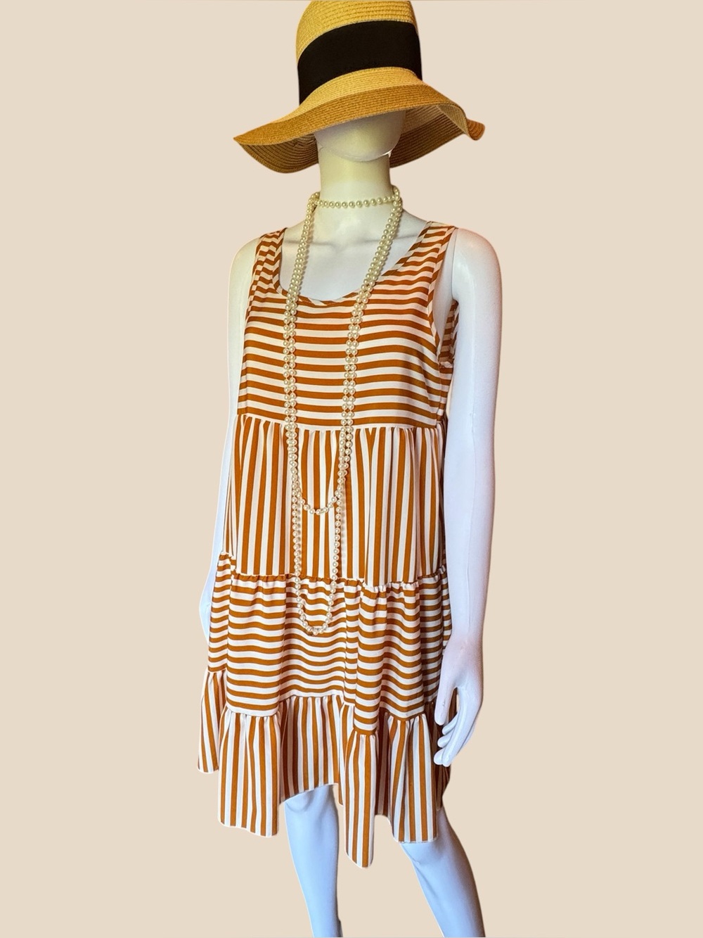 Striped Sleeveless Tiered Sundress in Tan and White